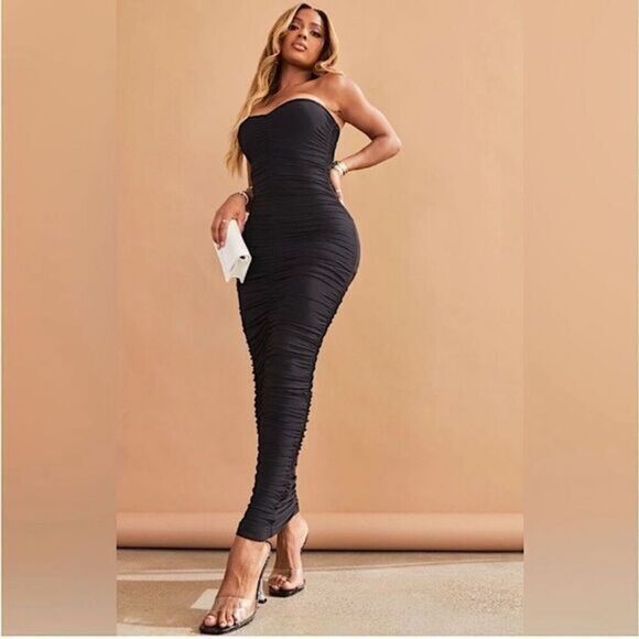 PLT BLACK RUCHED MIDI DRESS - Picture 1 of 10